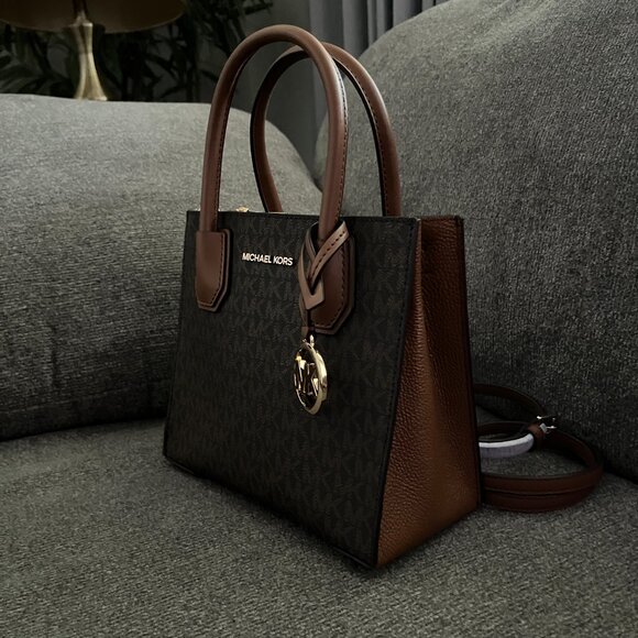 MICHAEL KORS MERCER MEDIUM MESSENGER CROSSBODY SATCHEL BAG MK BROWN SIGNATURE - Picture 4 of 10